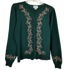 Vintage Womens Wool Cardigan Sweater Size Medium Office Siren Green Embroidered